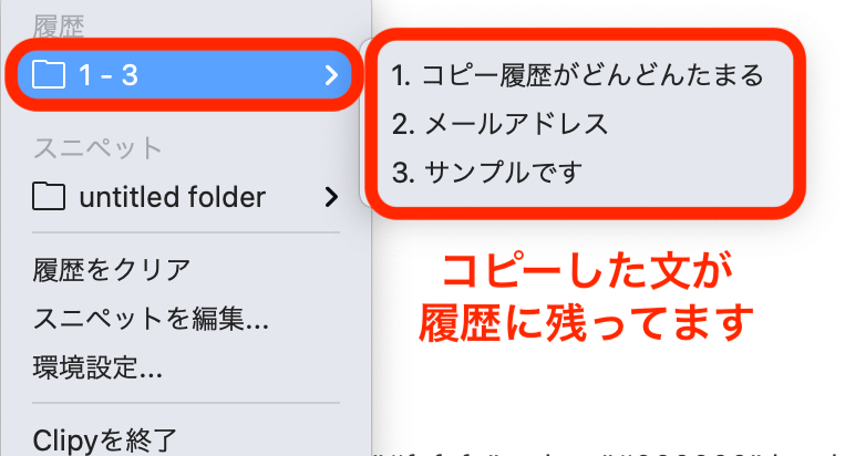 コピーした履歴が残っている