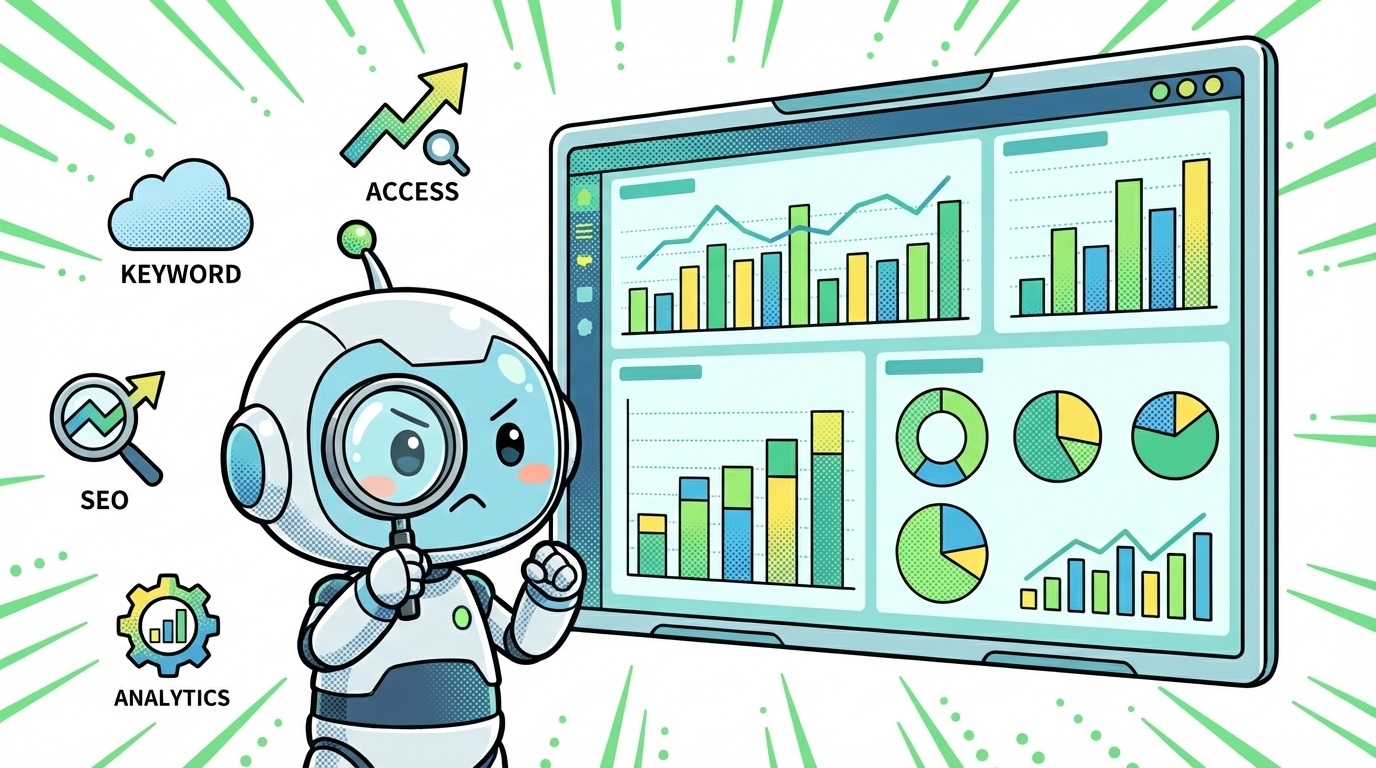 AIロボットがダッシュボードでSEOやアクセスデータを分析している様子