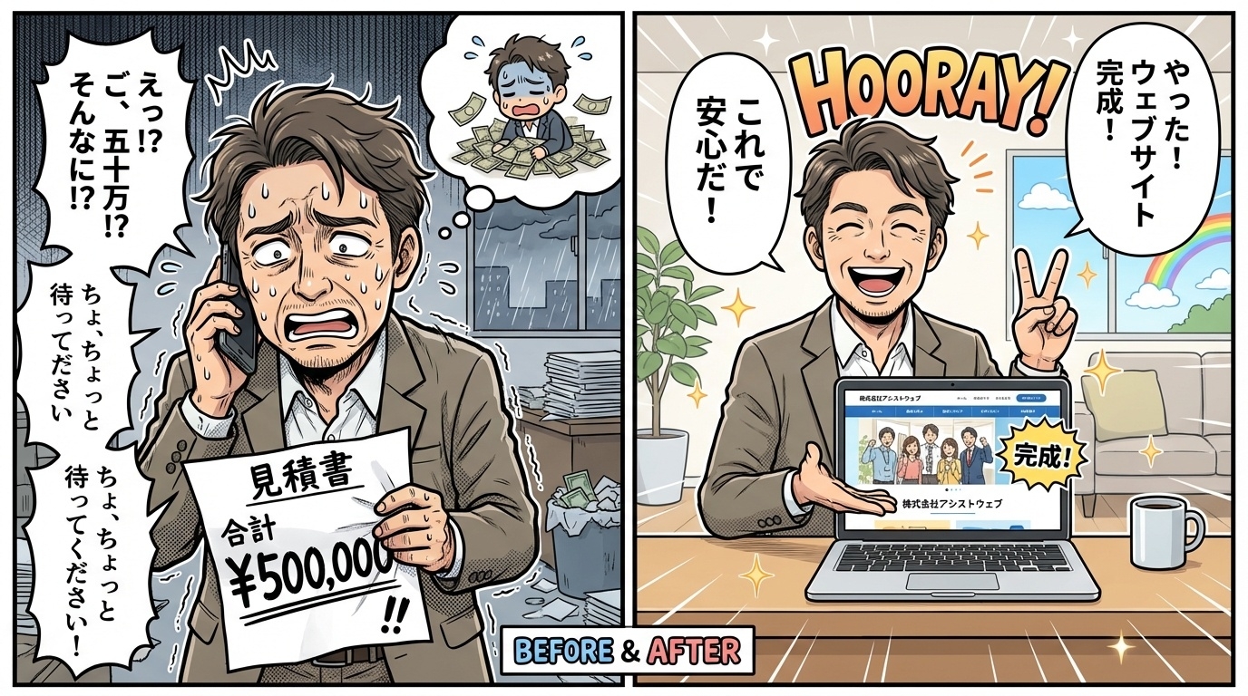 外注の高額見積もりに困る場面とAIクローンで笑顔で完成させる場面の比較漫画