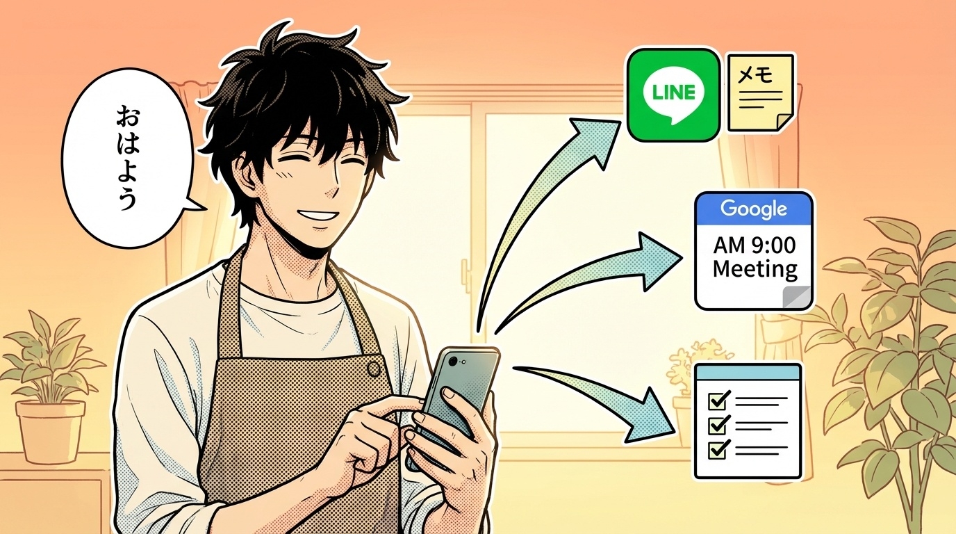 「おはよう」の一言でLINE・カレンダー・やることリストが自動更新される様子