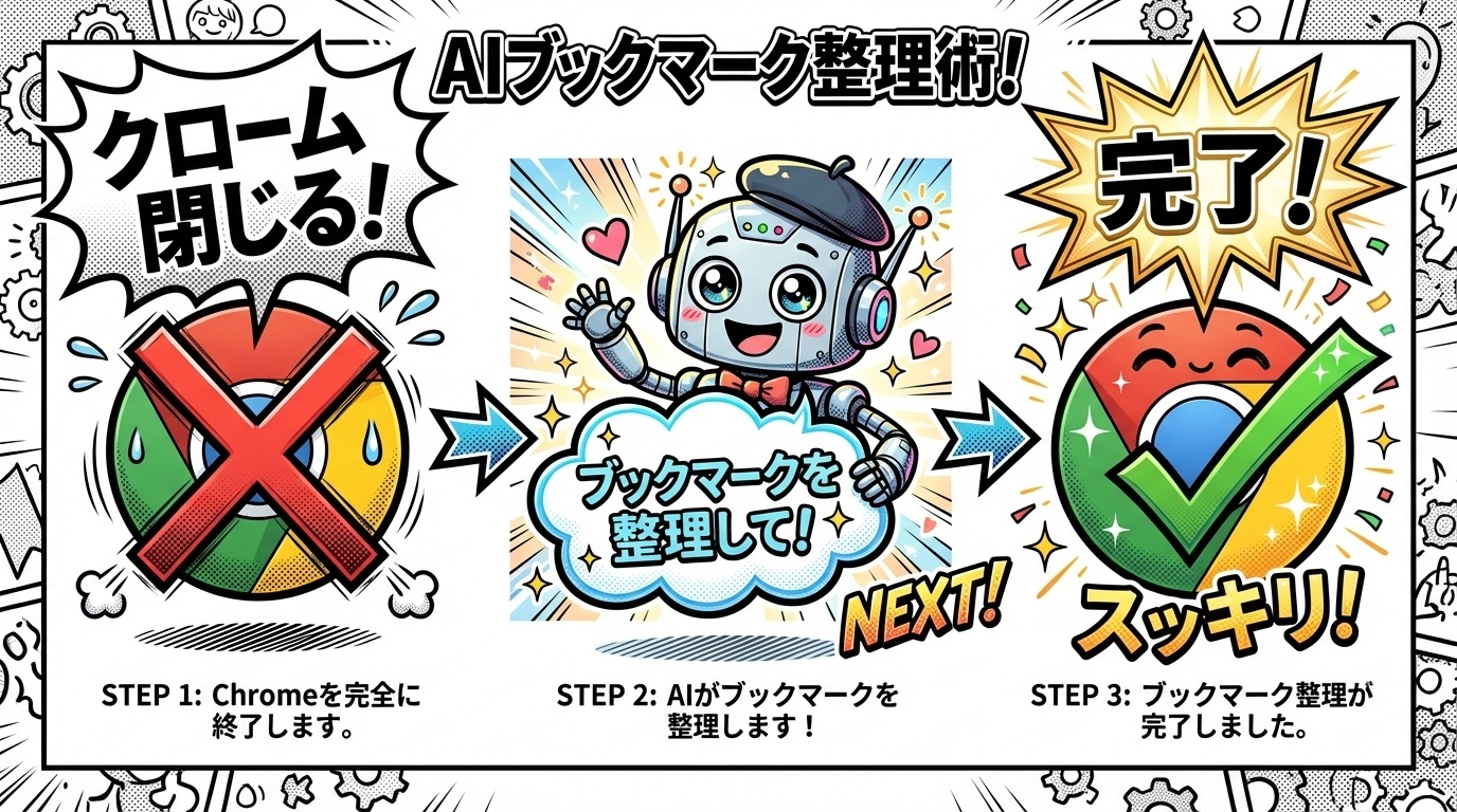 ブックマーク整理の3ステップ。STEP1: Chromeを終了する、STEP2: AIに「整理して」と指示、STEP3: Chromeを開いて確認