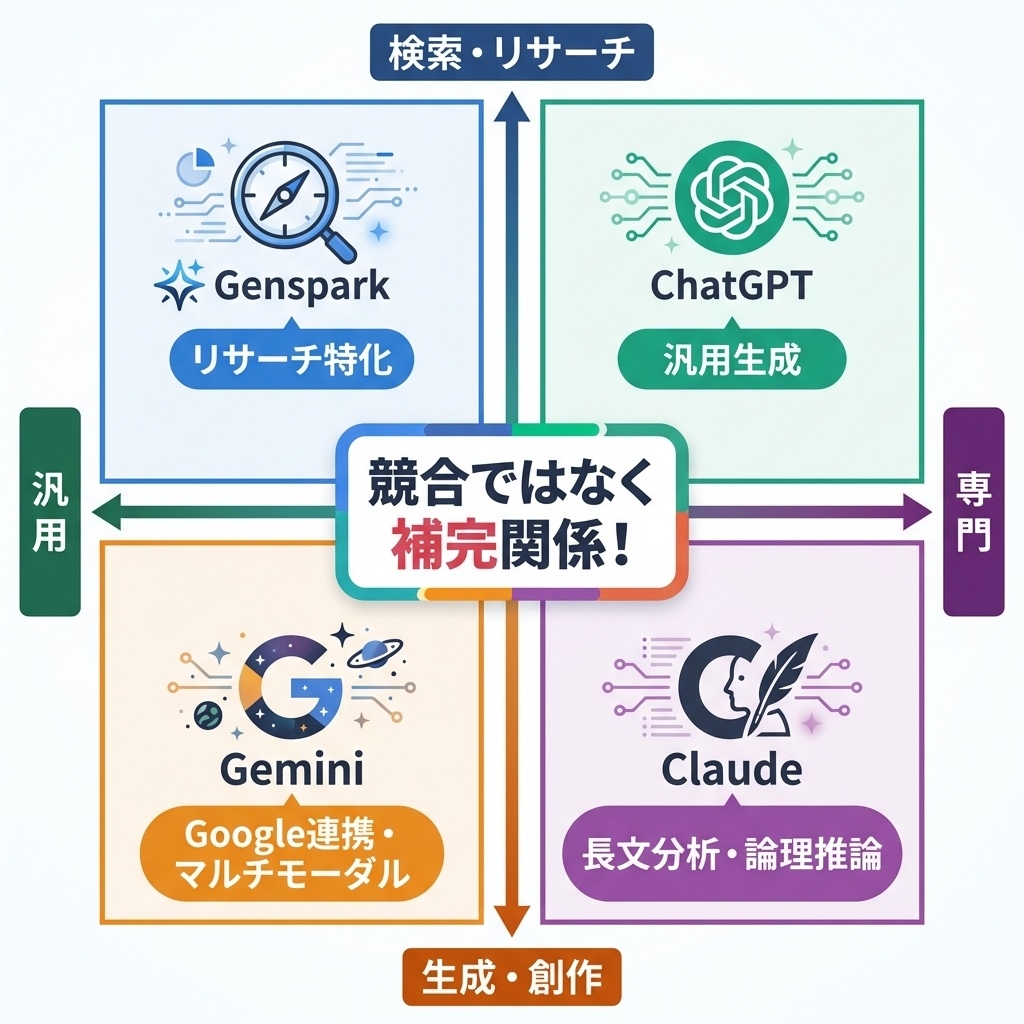 Genspark・ChatGPT・Claude・Geminiの4つのAIツール使い分けマトリクス図