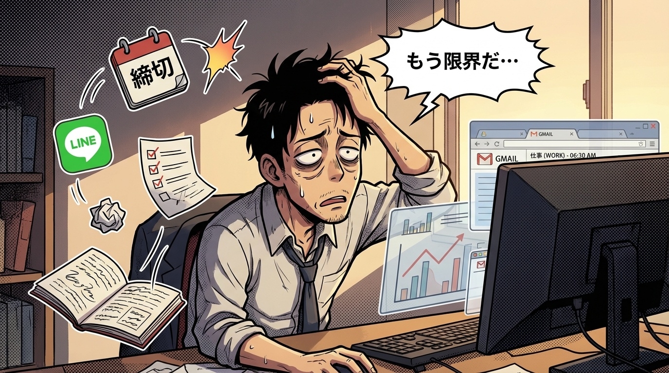 手作業で朝タスクに追われて疲弊している様子