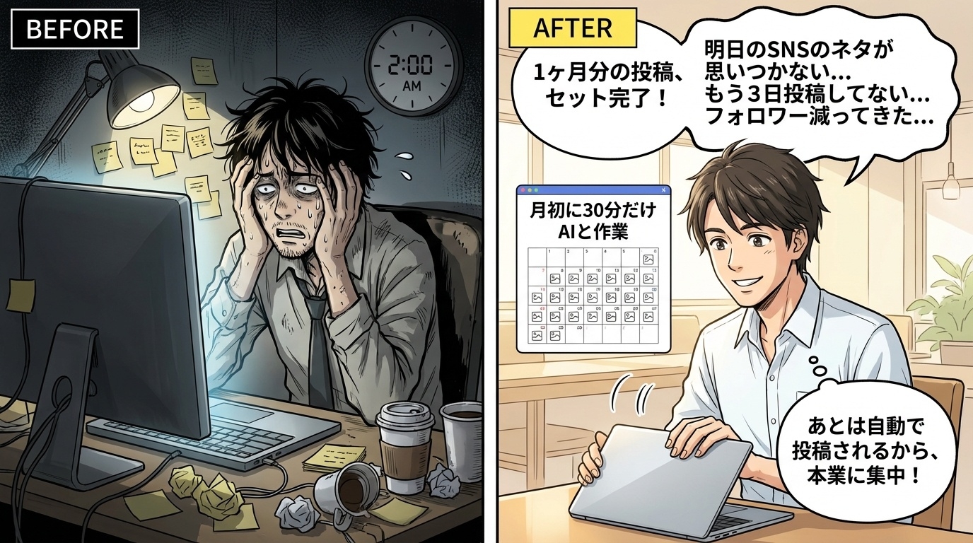 SNS運用のビフォーアフター2コマ漫画（深夜に悩むBeforeと月初30分で完了のAfter）