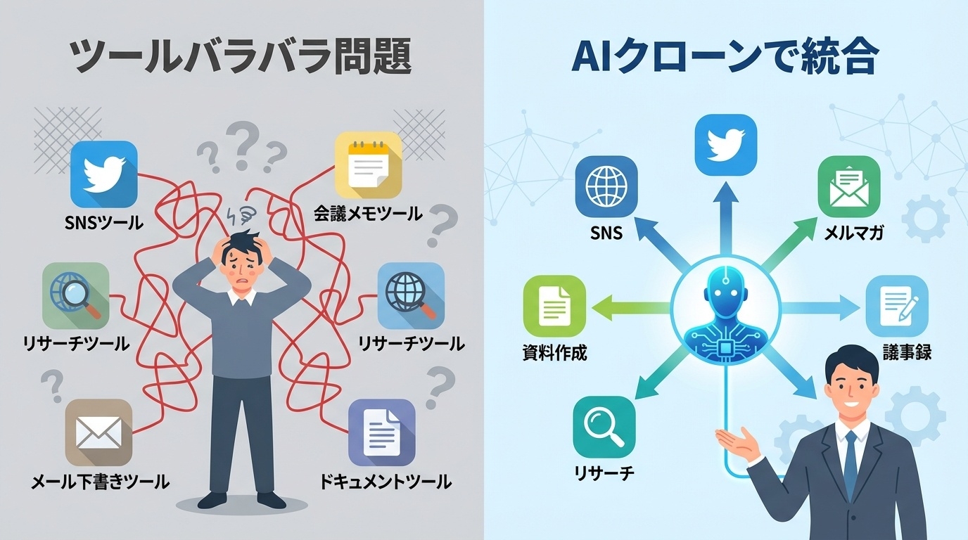 バラバラのツール問題とAIクローンで統合した比較図