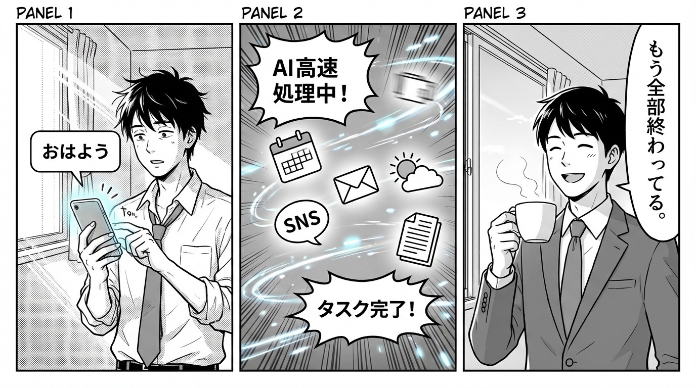 朝の「おはよう」でAIが9タスクを自動実行する3コマ漫画