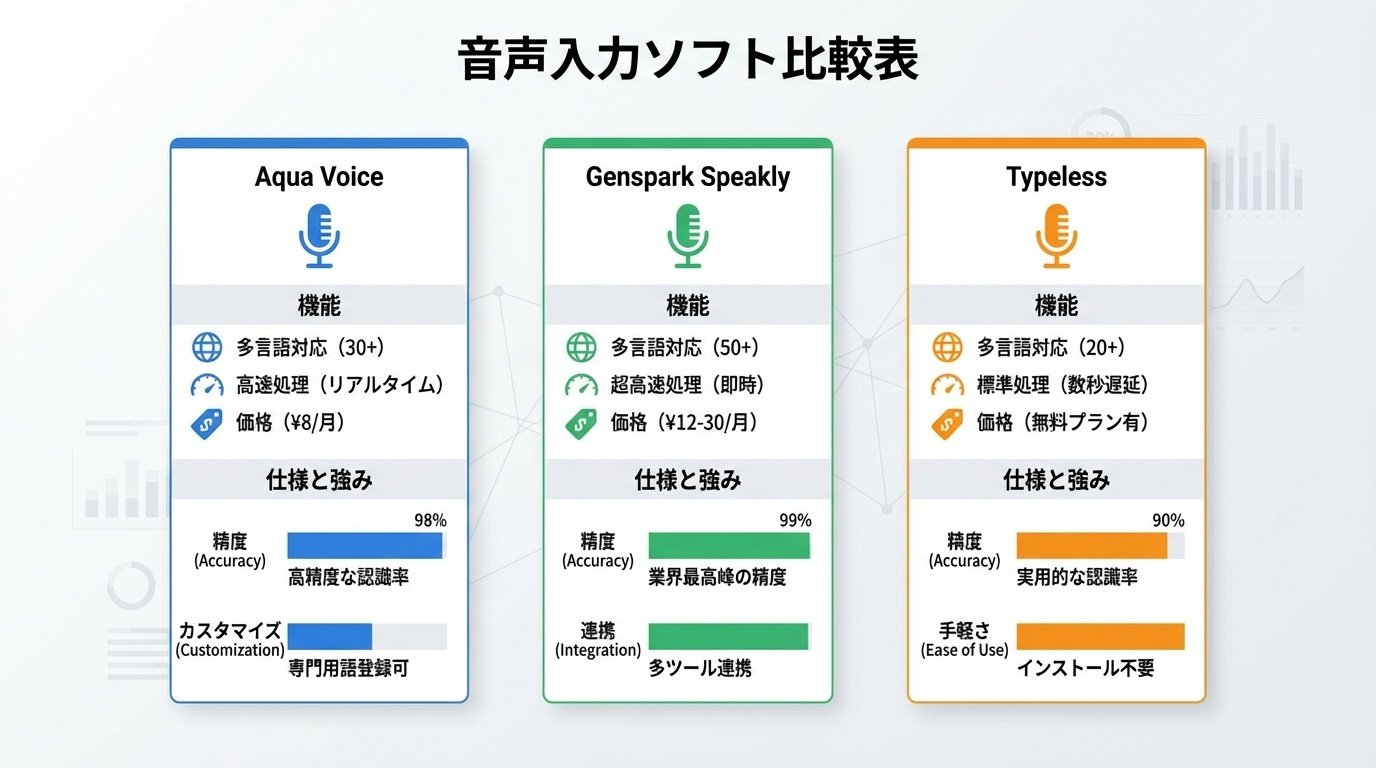 Aqua Voice・Genspark Speakly・Typeless比較表
