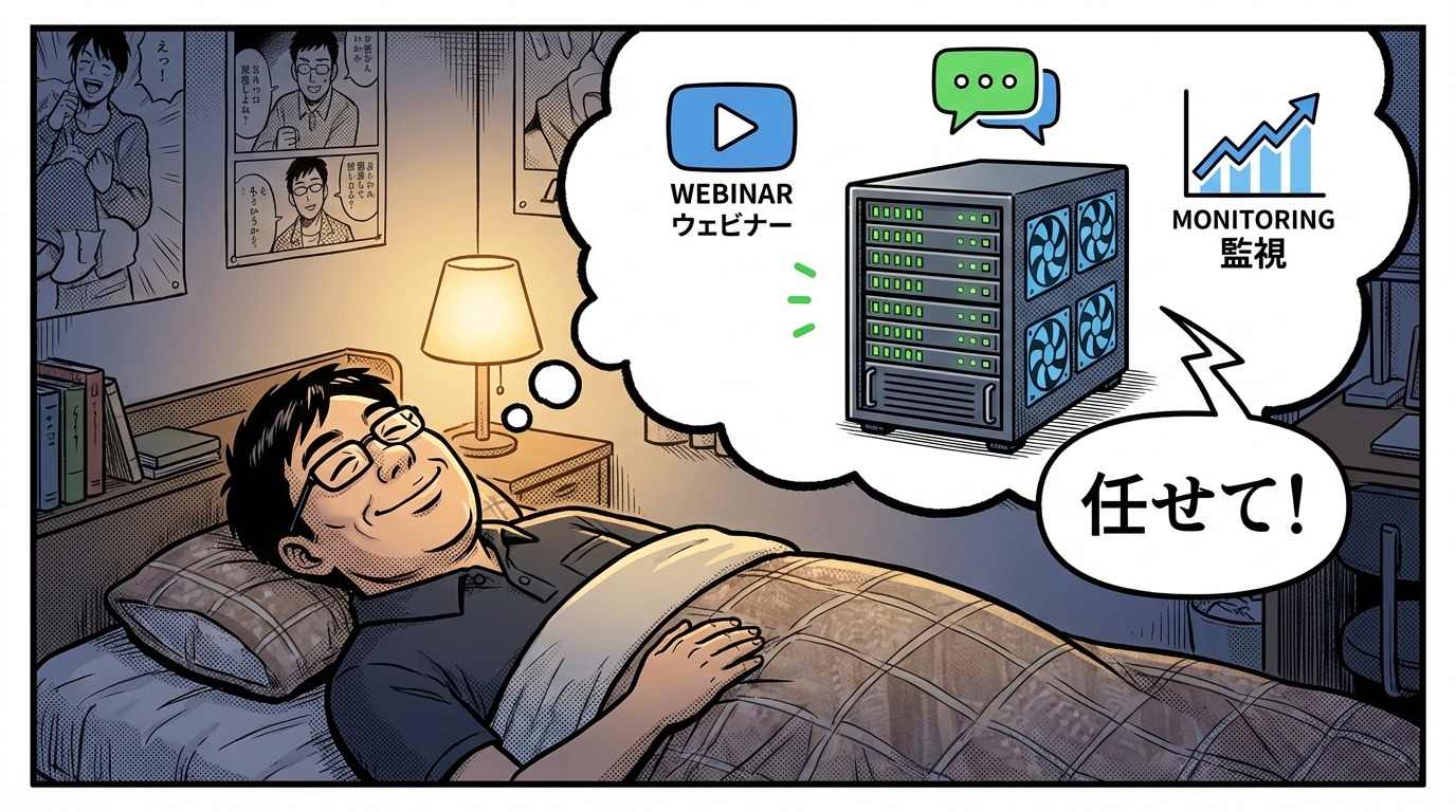 寝ている間もVPSが自動で動き続けるイメージ