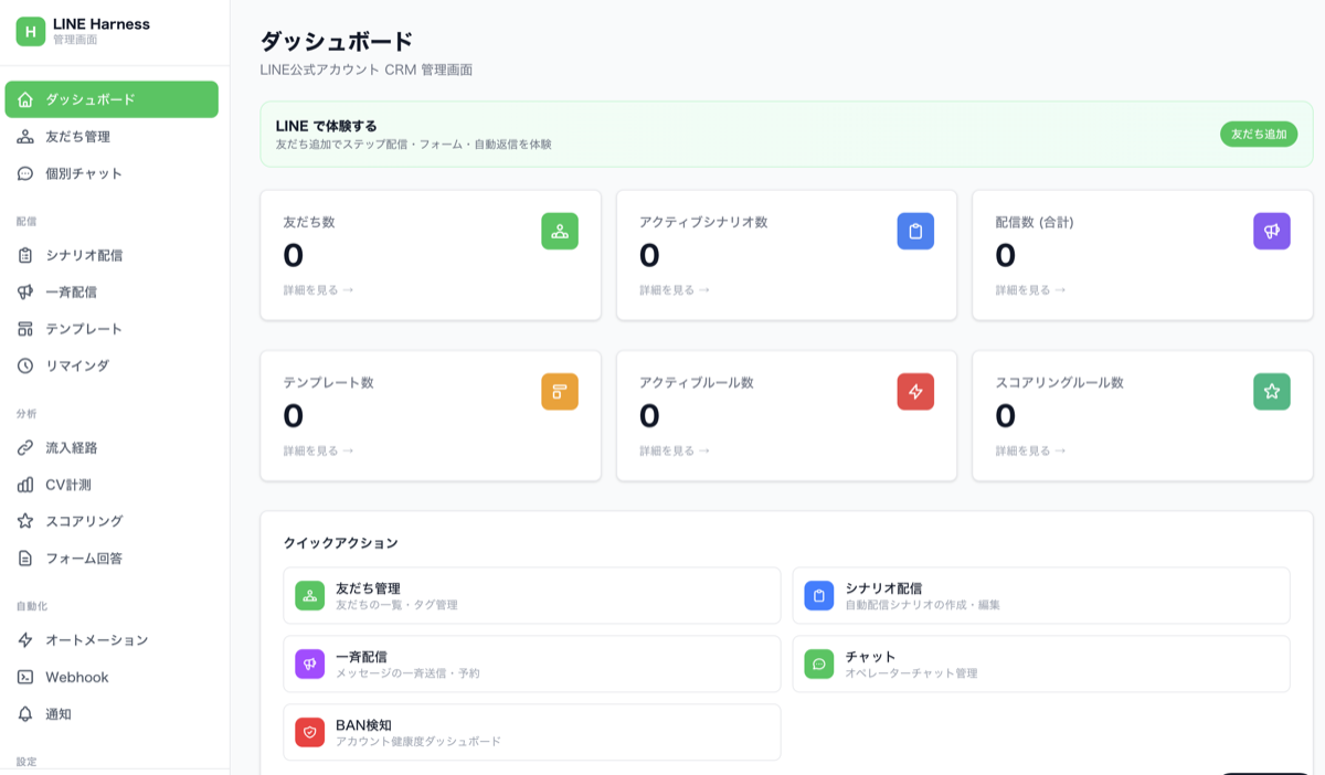 LINE Harness管理画面ダッシュボード（Lステップ代替の無料LINE配信ツール）