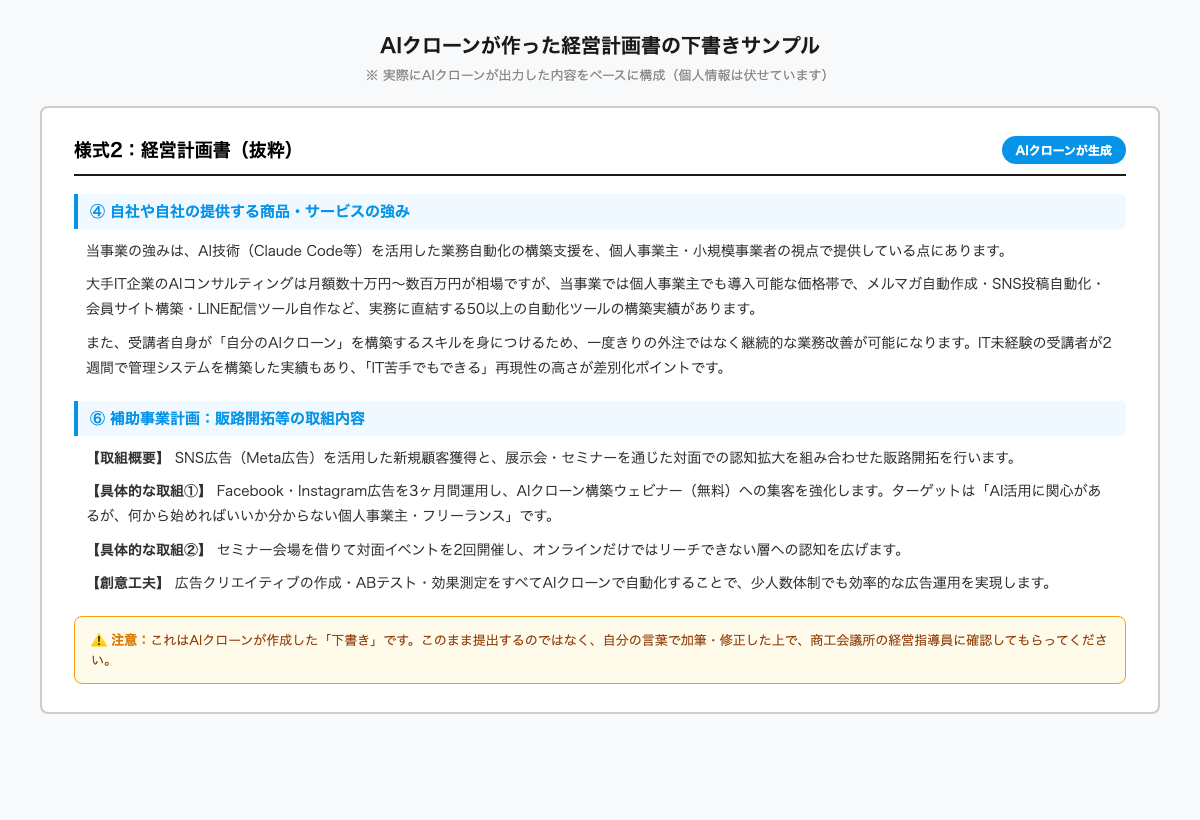 AIクローンが作った経営計画書の下書きサンプル