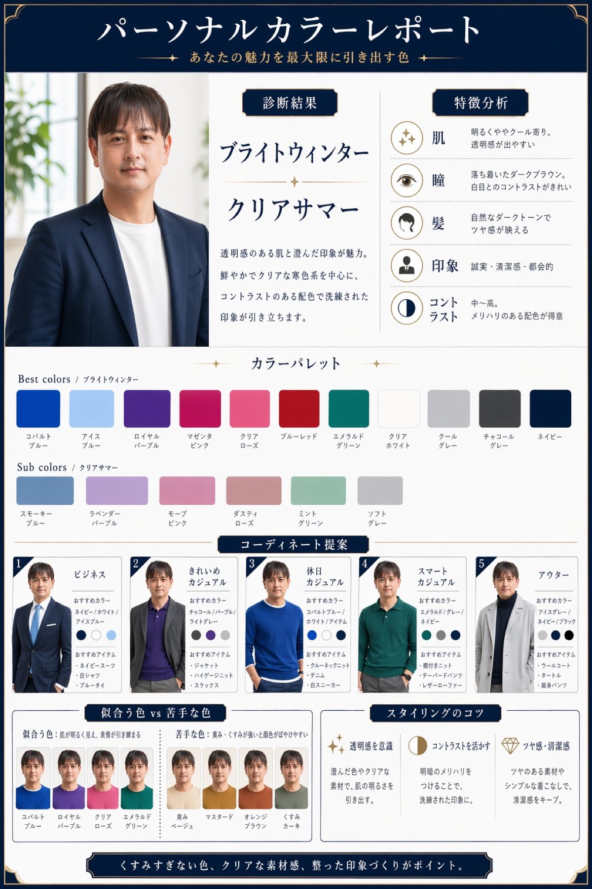 ChatGPTで生成したパーソナルカラー診断レポートの完成例（ブライトウィンター＋クリアサマー / カラーパレット・コーデ5パターン付き）