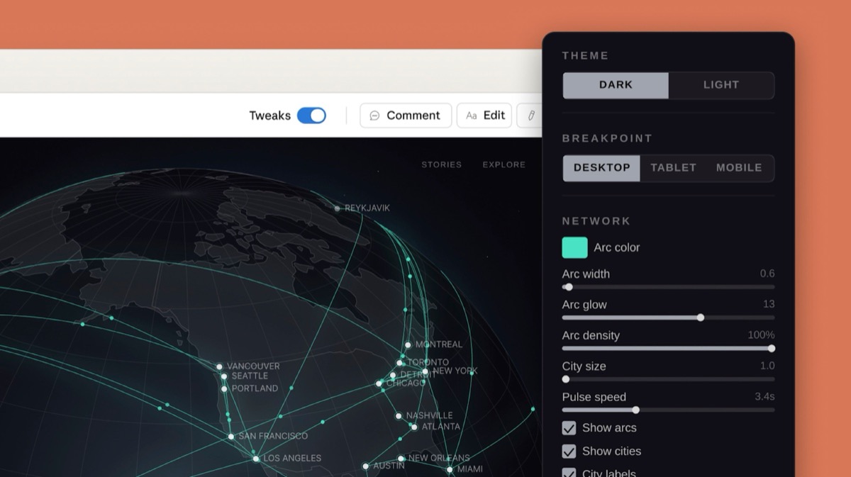 Claude Designの実画面。地球儀の3Dビジュアルと右側の「Tweaks」スライダーで色・速度・密度を調整している様子（出典：Anthropic公式）