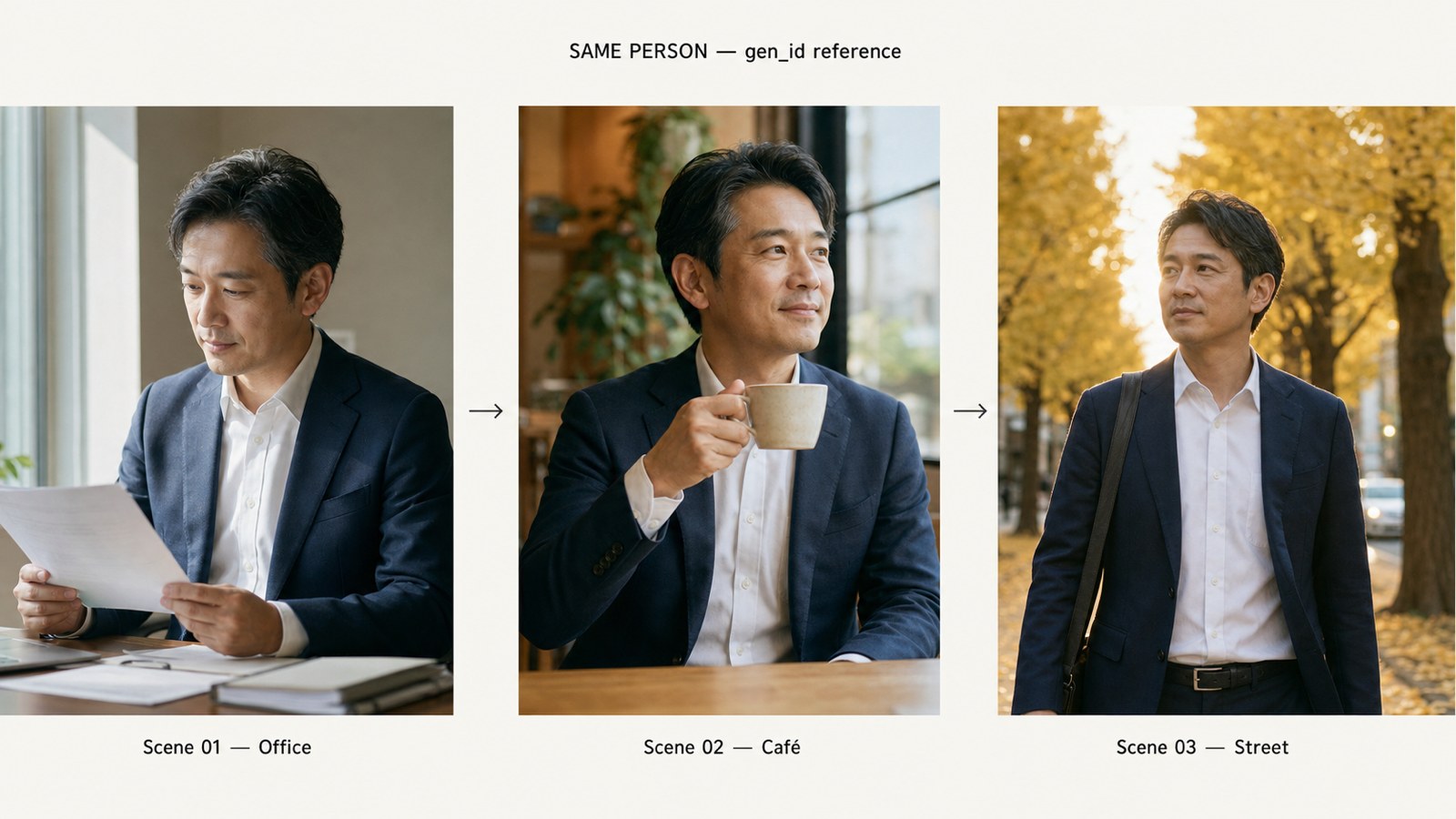 gen_id参照プロンプトで生成した同一人物の3シーン（オフィス・カフェ・街路樹）。顔と髪型が完全に一致