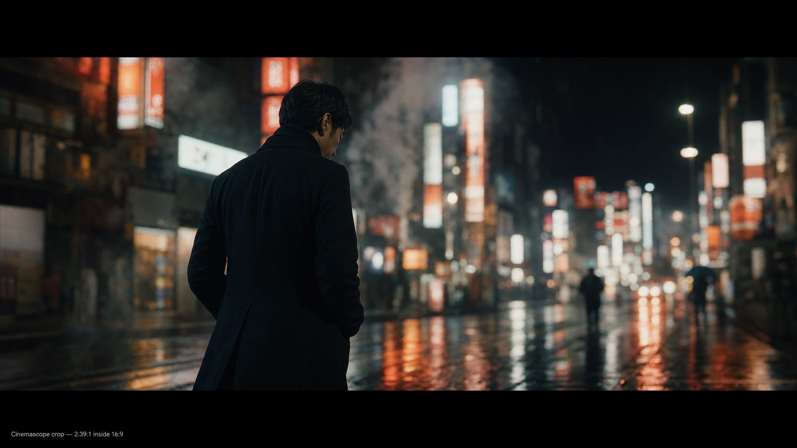 シネマスコープ枠プロンプトで生成した映画ワンシーン風画像。上下黒帯で2.39:1の比率を保ったまま縦長崩れを防ぐ