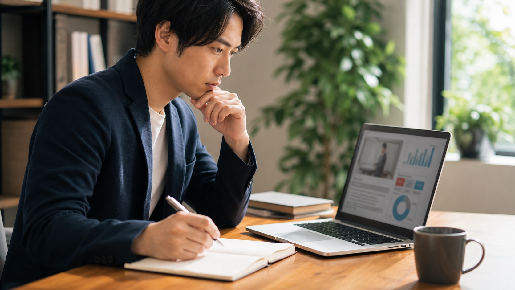 ノートパソコンで自分の商談トークをAIと振り返るビジネスパーソン