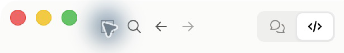 Claudeのデスクトップアプリの上部。右上に会話とCodeを切り替える2つのアイコンがある