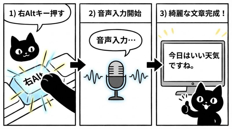 右Altキーを押して音声入力し文章が完成する3ステップ図解